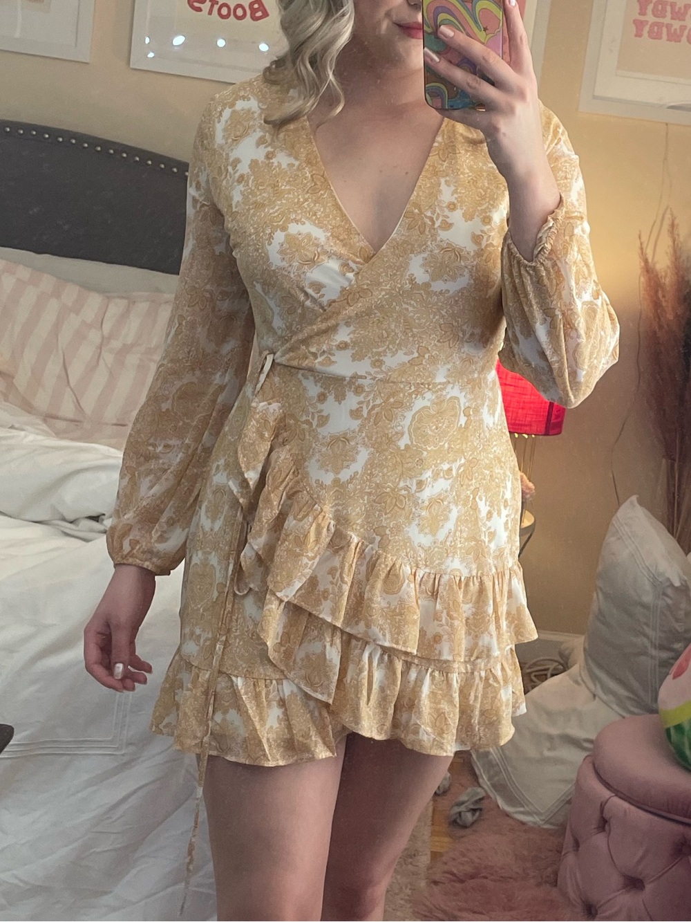 Floral Yellow Paisley Wrap Mini Dress with Ruffle Tiers
